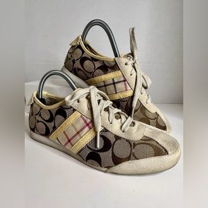 Coach Paxton Lace Up Classic Canvas Sneakers Ivory Pink Brown SZ 7M Women’s